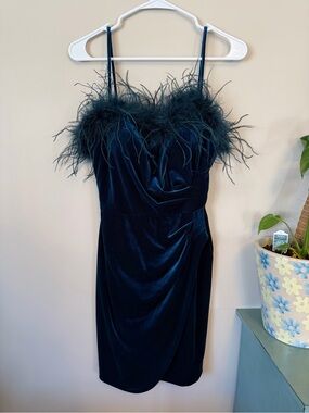Betsy & Adam velvet feather-trim cocktail dress